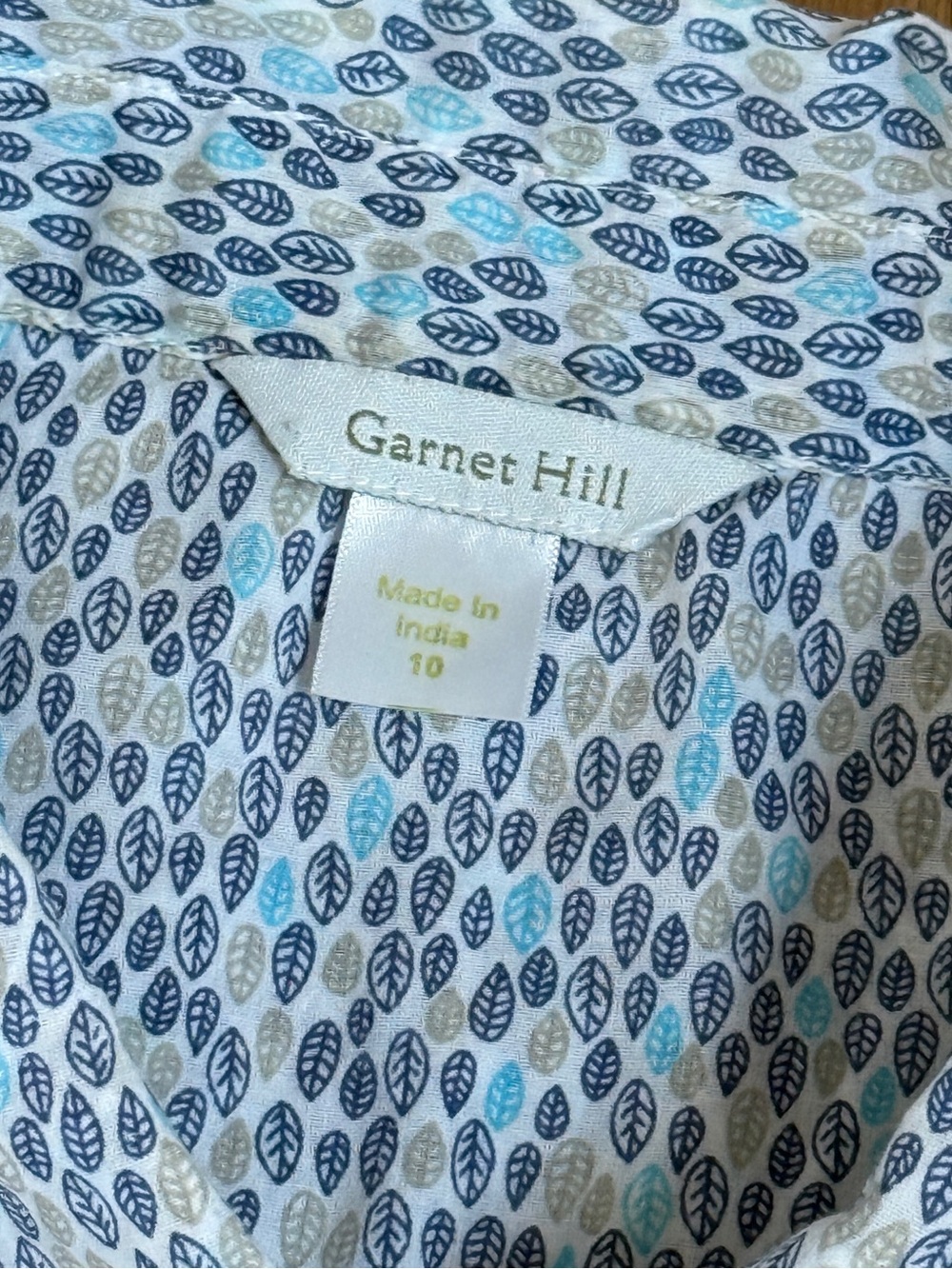 Garnet Hill White Button-Down Shirt with Navy and Light Blue Leaf Print